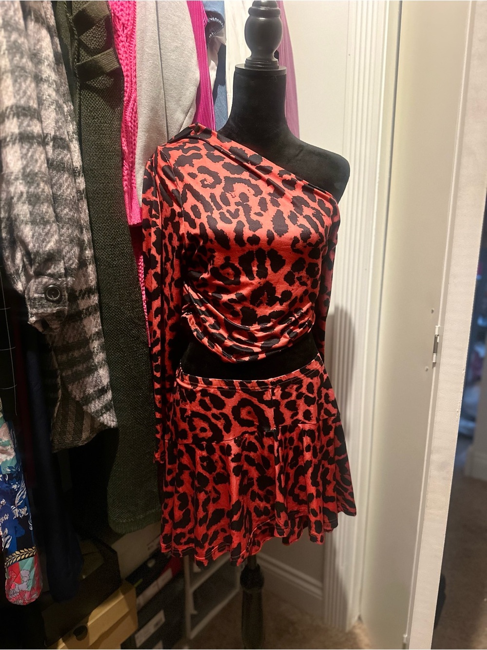 One-Shoulder Red and Black Leopard Print Satin Dress